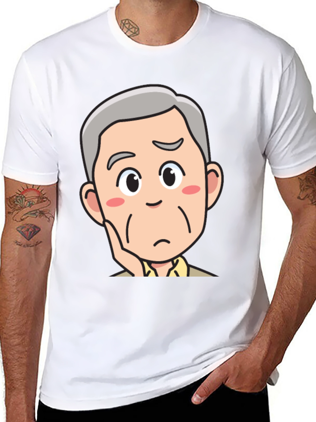 Pensive Cartoon Man Black T-Shirt