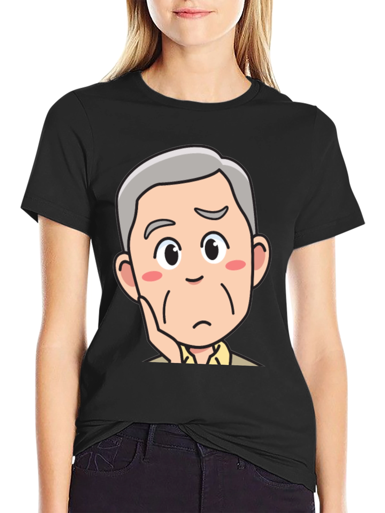 Pensive Cartoon Man Black T-Shirt