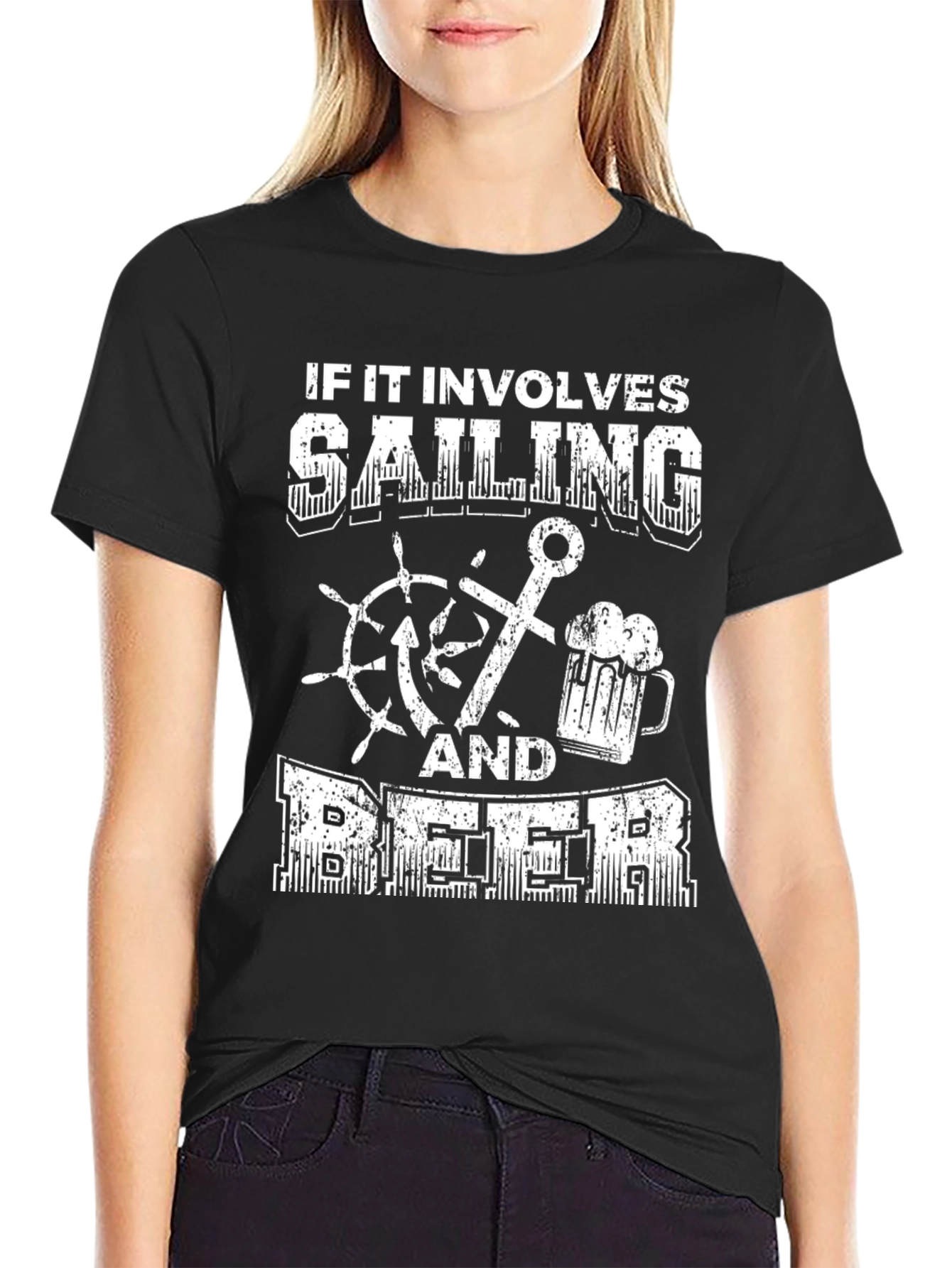 Sailing & Beer Graphic Tee - Black Cotton T-Shirt
