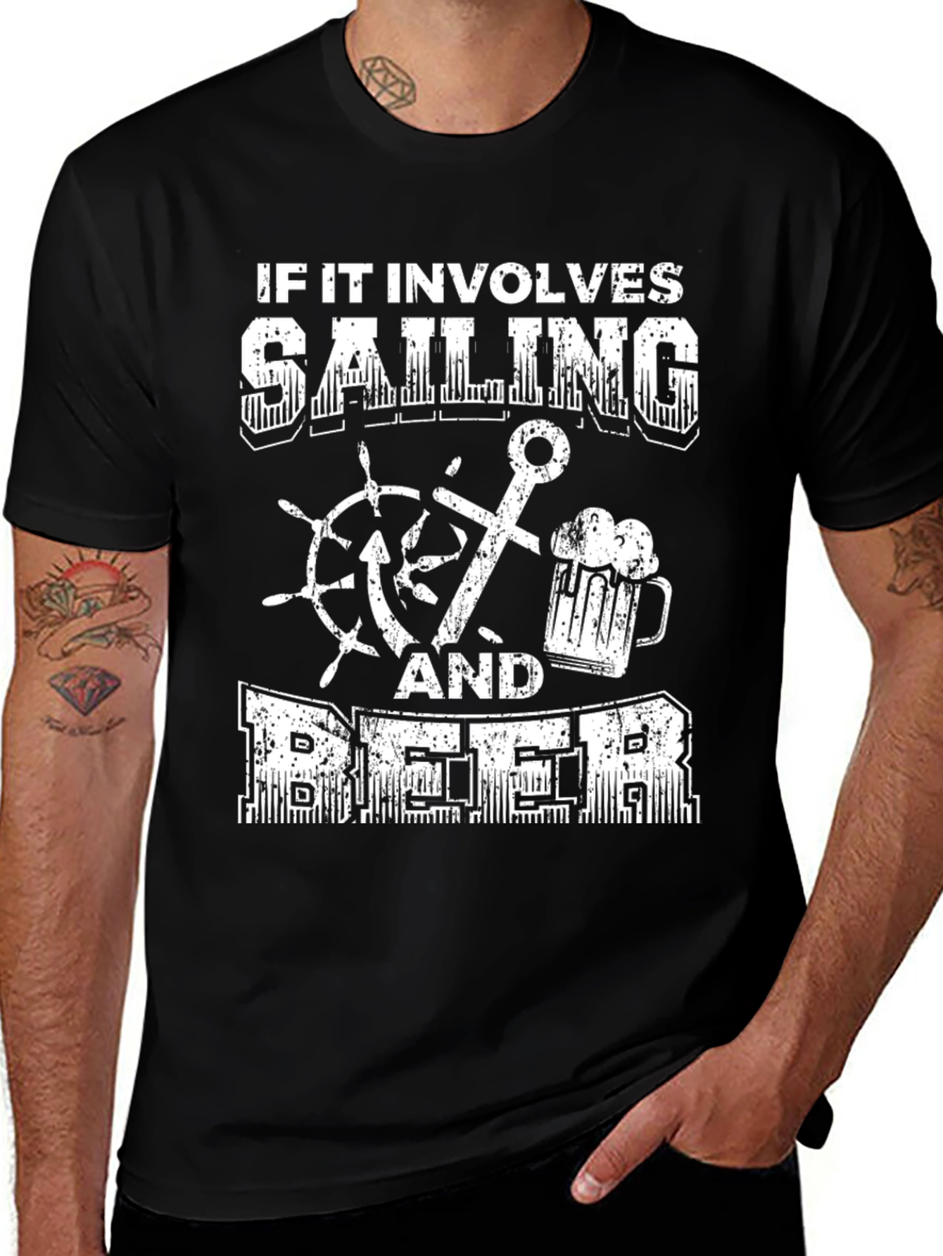 Sailing & Beer Graphic Tee - Black Cotton T-Shirt