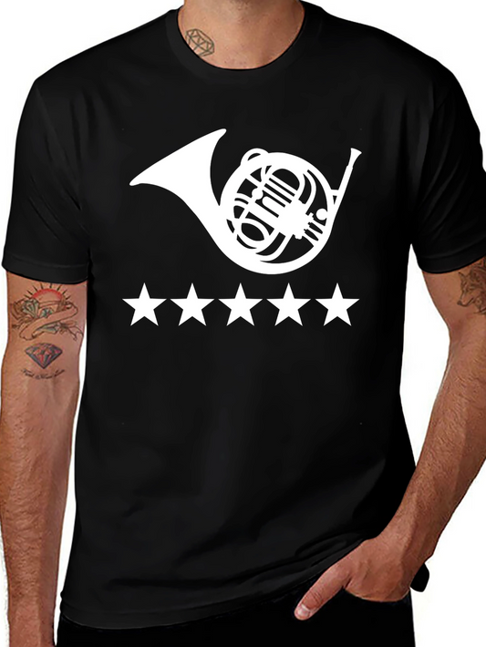 French Horn & Stars Graphic T-Shirt - Black Cotton Tee