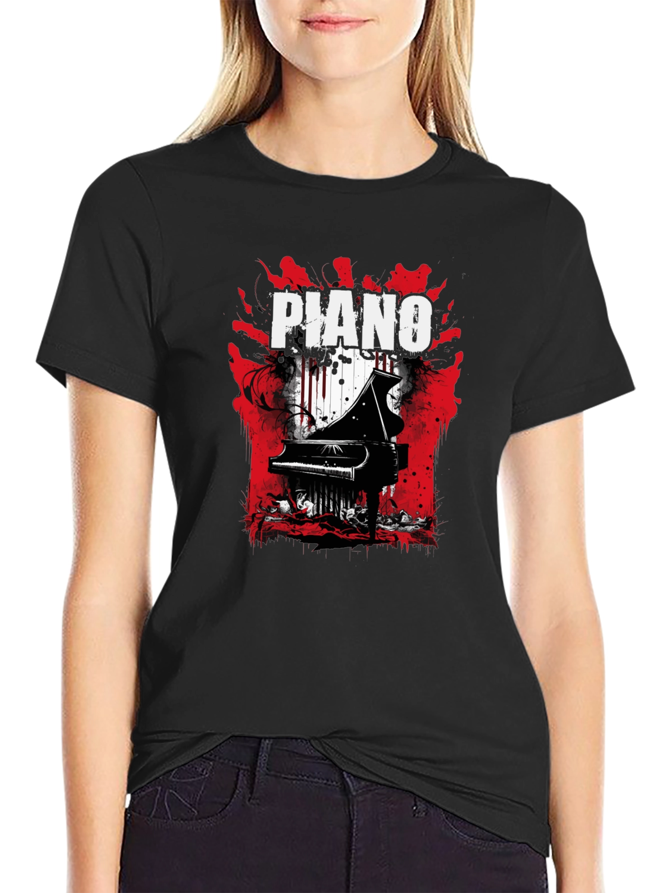 Piano Graphic Tee - Musical Style Black T-Shirt