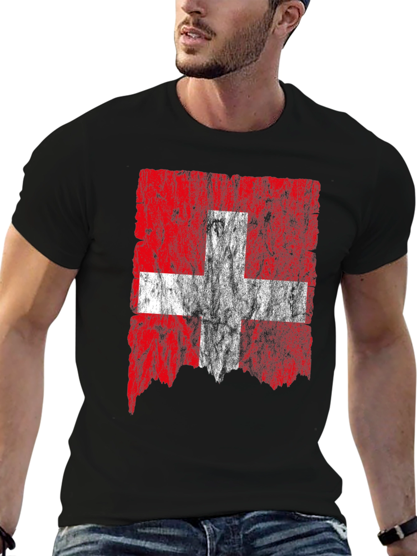 Swiss Flag Distressed T-Shirt - Black