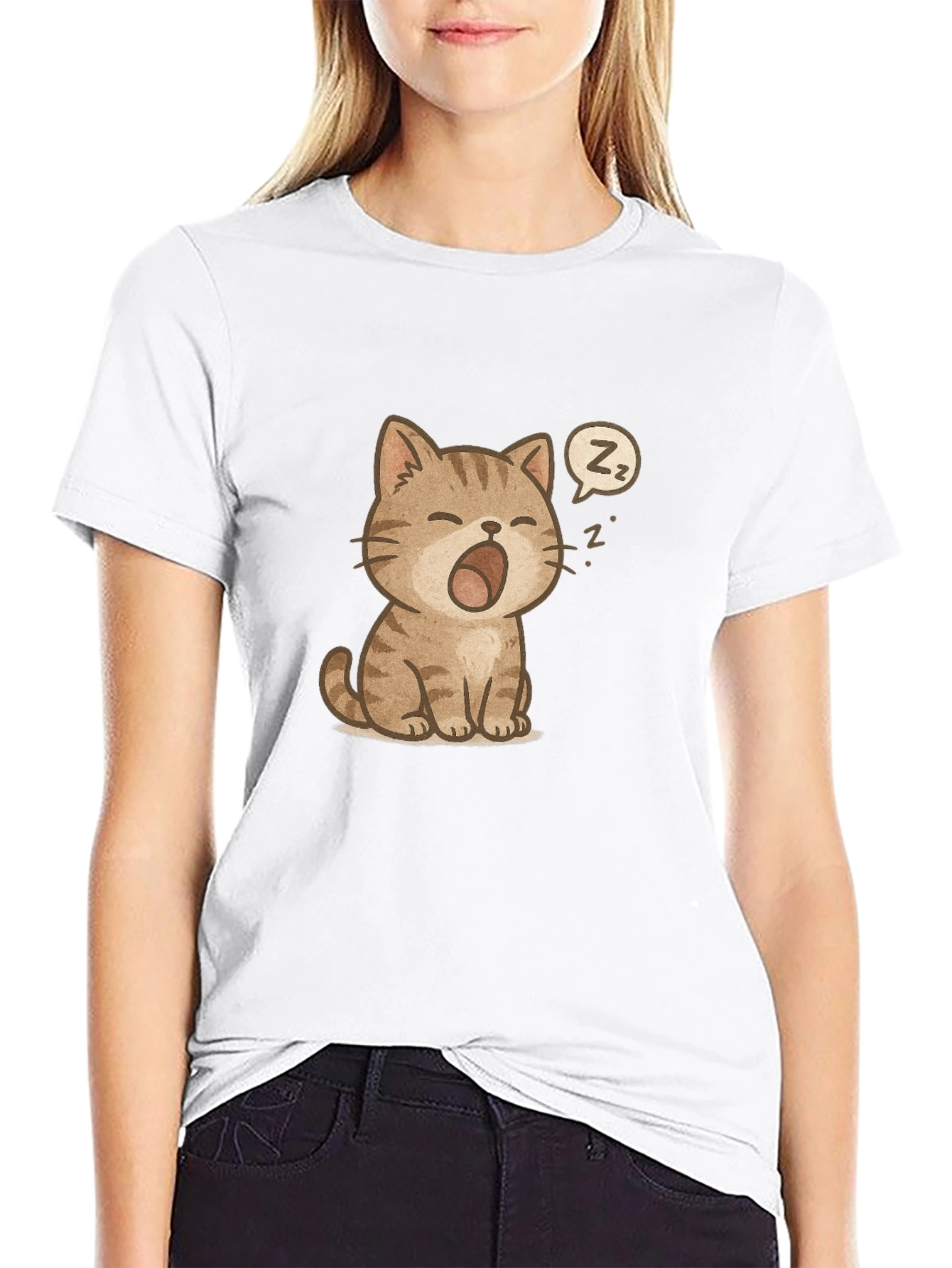 Cute Sleeping Cat Graphic Black T-Shirt