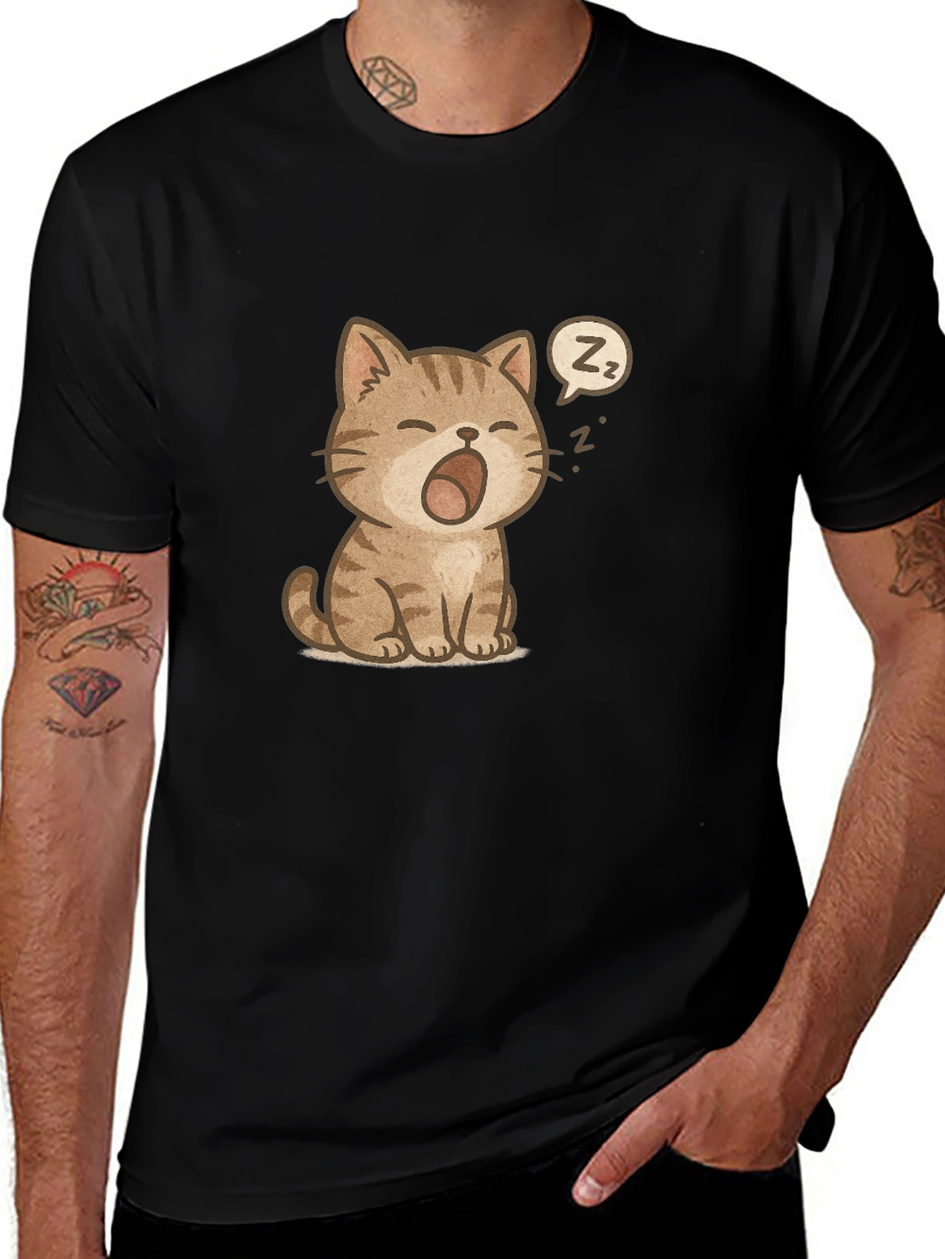 Cute Sleeping Cat Graphic Black T-Shirt
