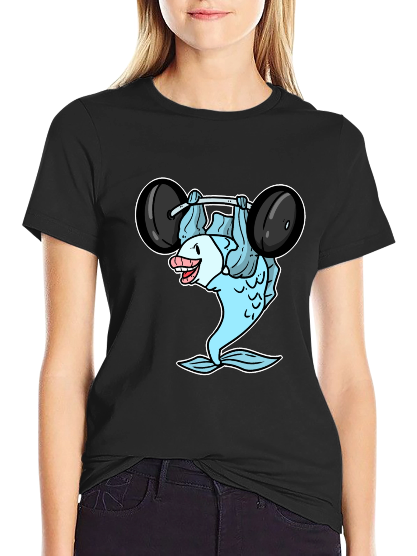 Funny Fish Lifting Barbell Graphic T-Shirt