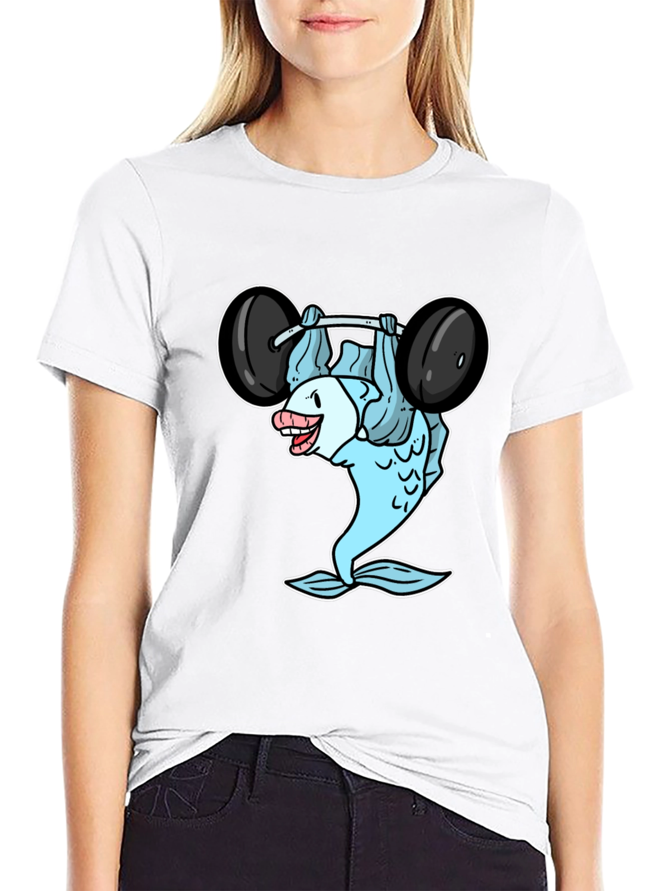 Funny Fish Lifting Barbell Graphic T-Shirt