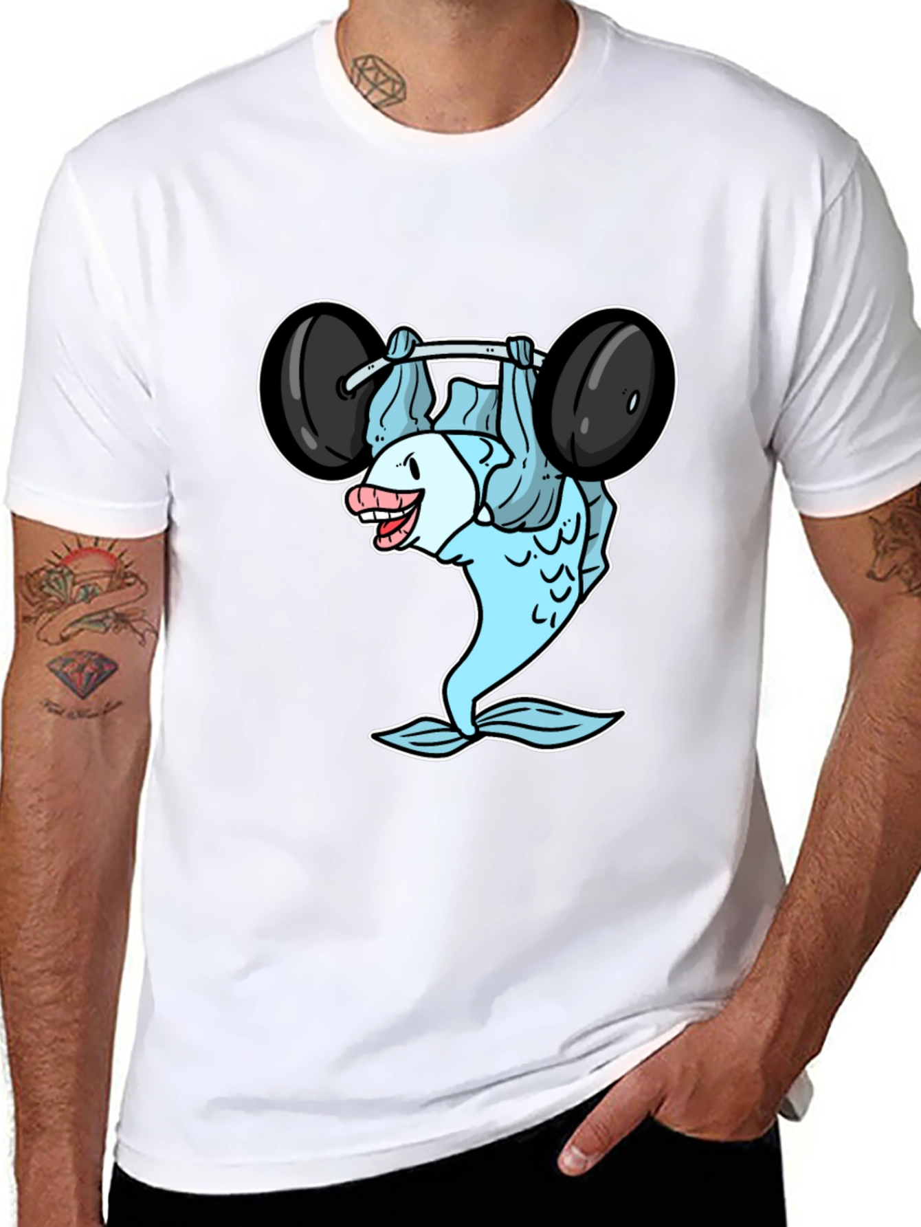 Funny Fish Lifting Barbell Graphic T-Shirt