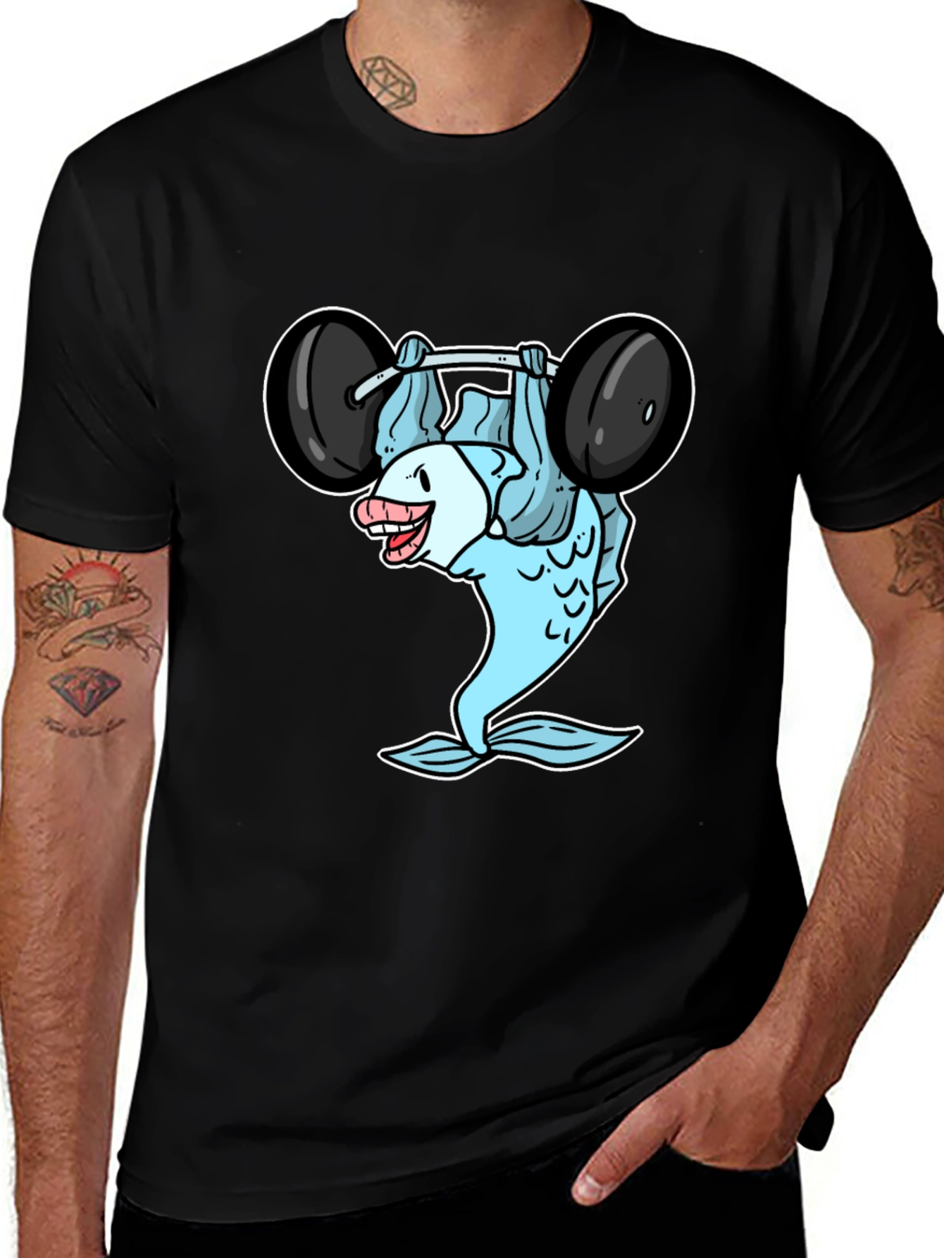 Funny Fish Lifting Barbell Graphic T-Shirt