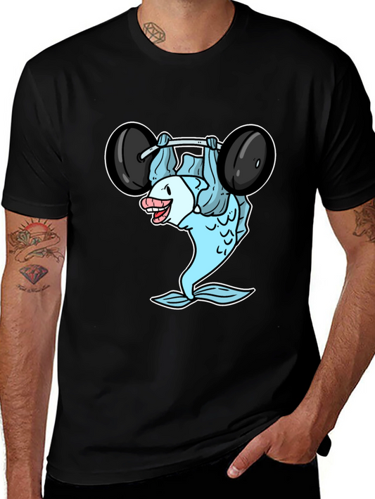 Funny Fish Lifting Barbell Graphic T-Shirt