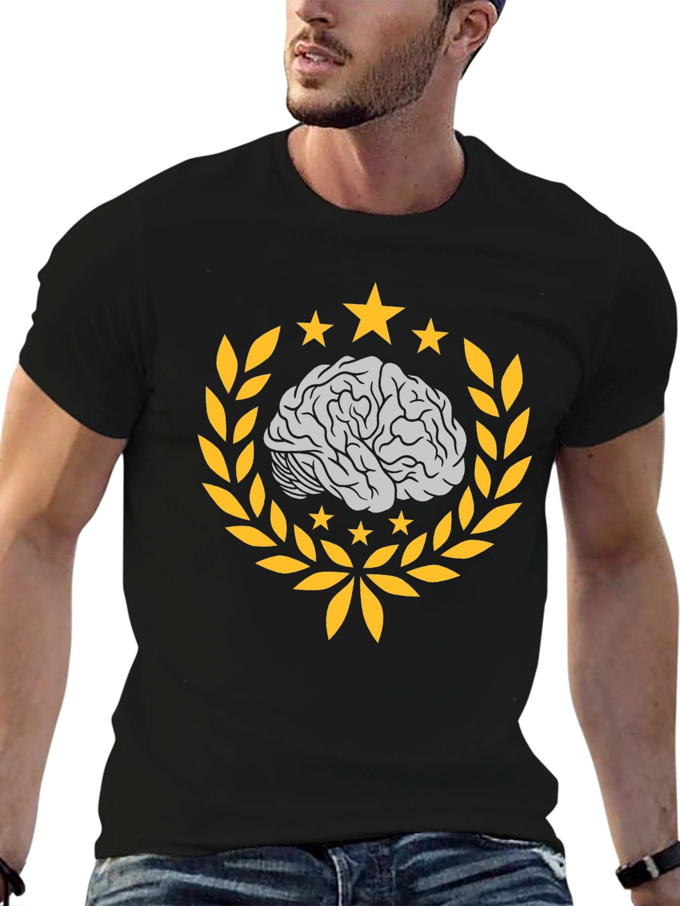 Brainy Black T-Shirt with Laurel and Stars