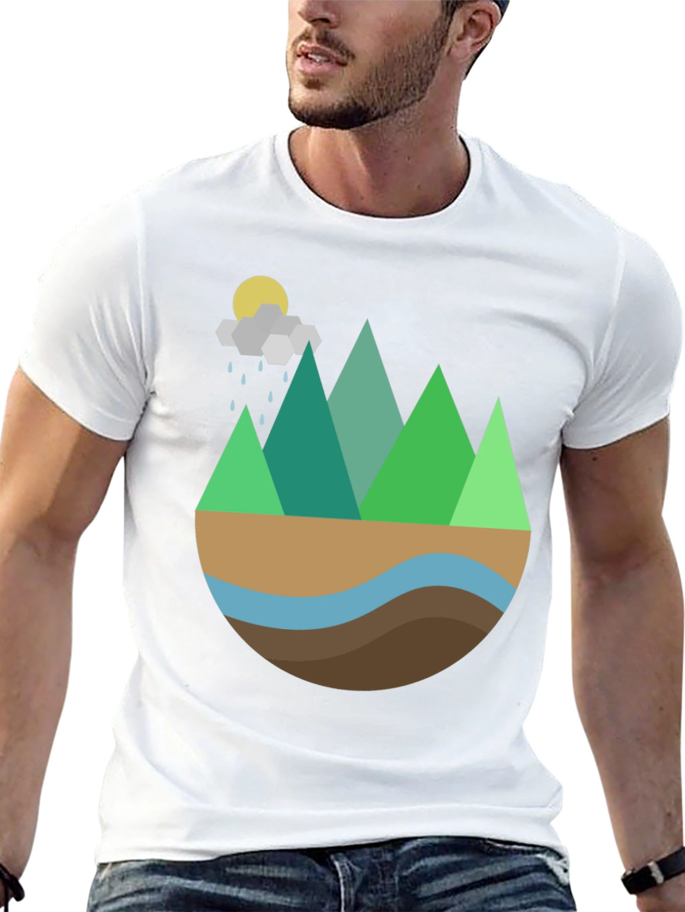 Geometric Mountain Scene Graphic Tee - Black