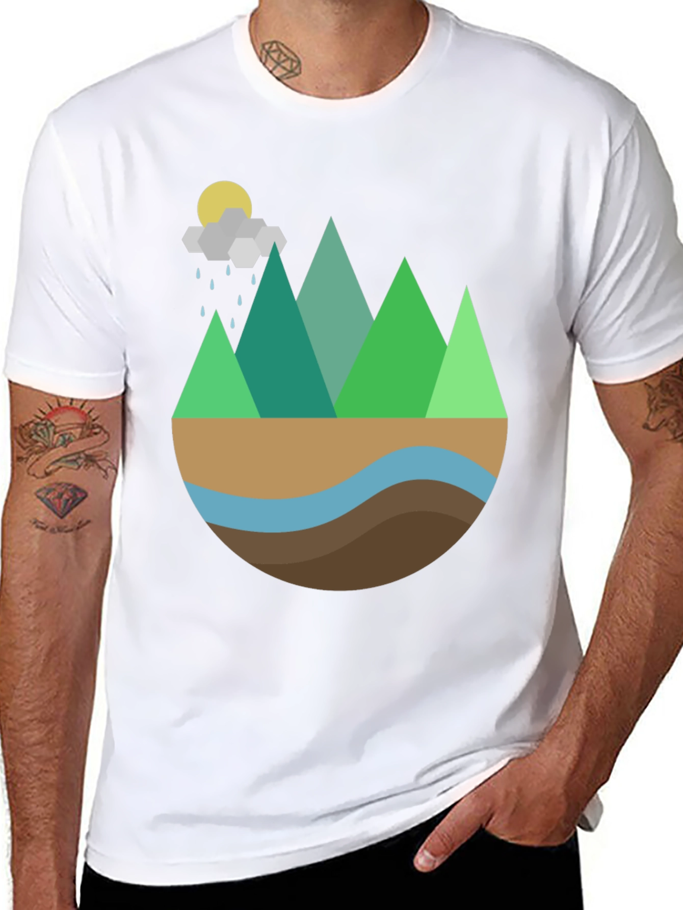 Geometric Mountain Scene Graphic Tee - Black