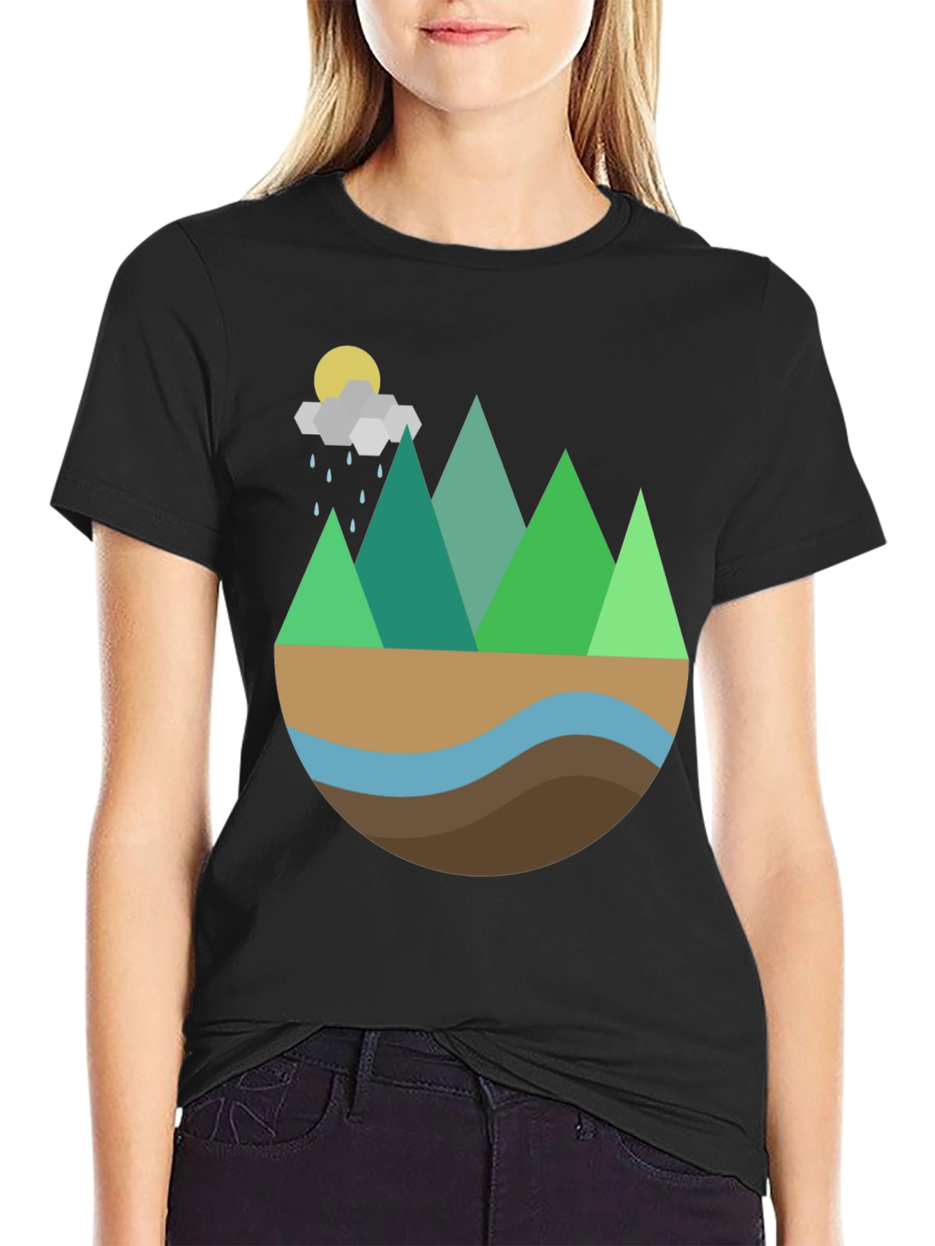 Geometric Mountain Scene Graphic Tee - Black