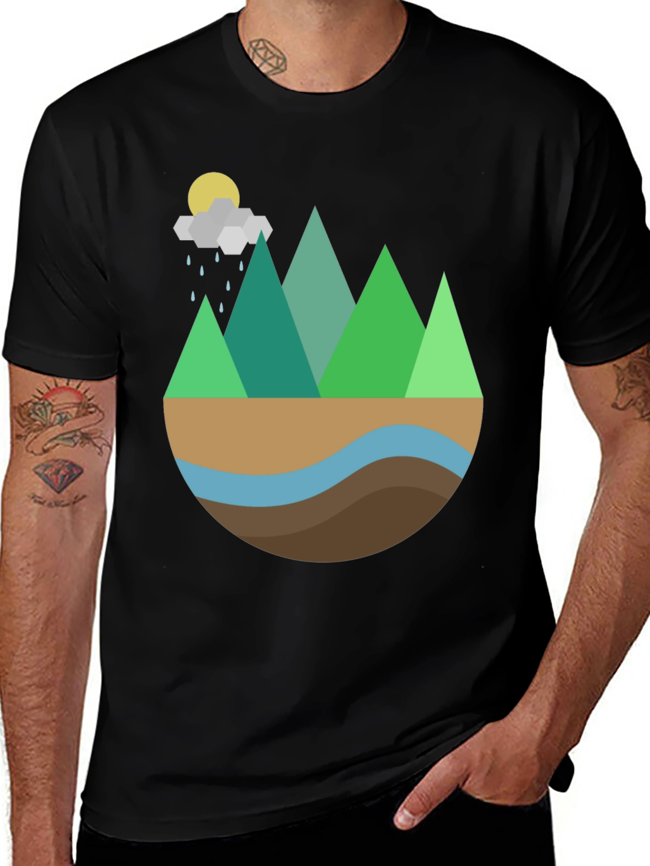 Geometric Mountain Scene Graphic Tee - Black