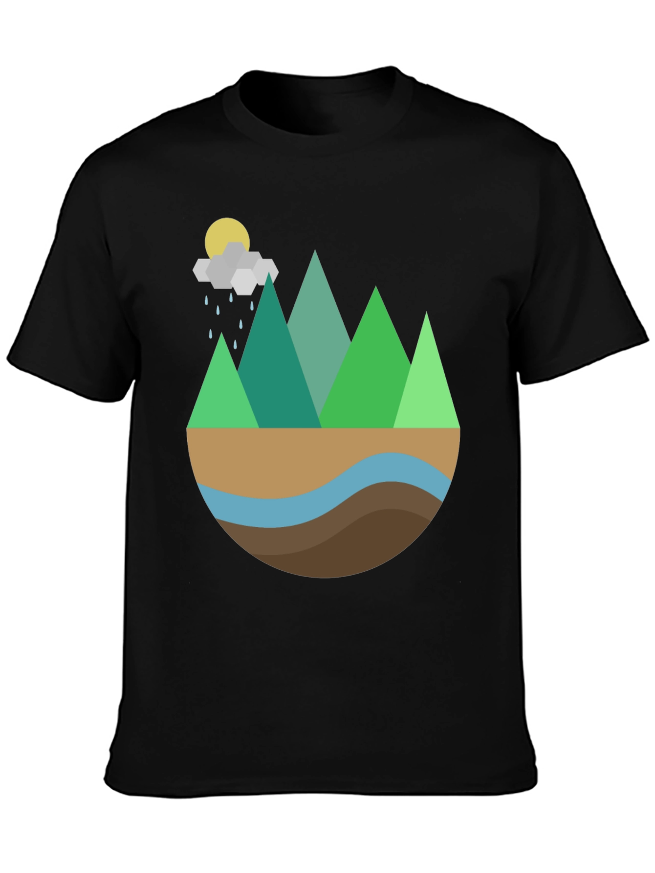 Geometric Mountain Scene Graphic Tee - Black