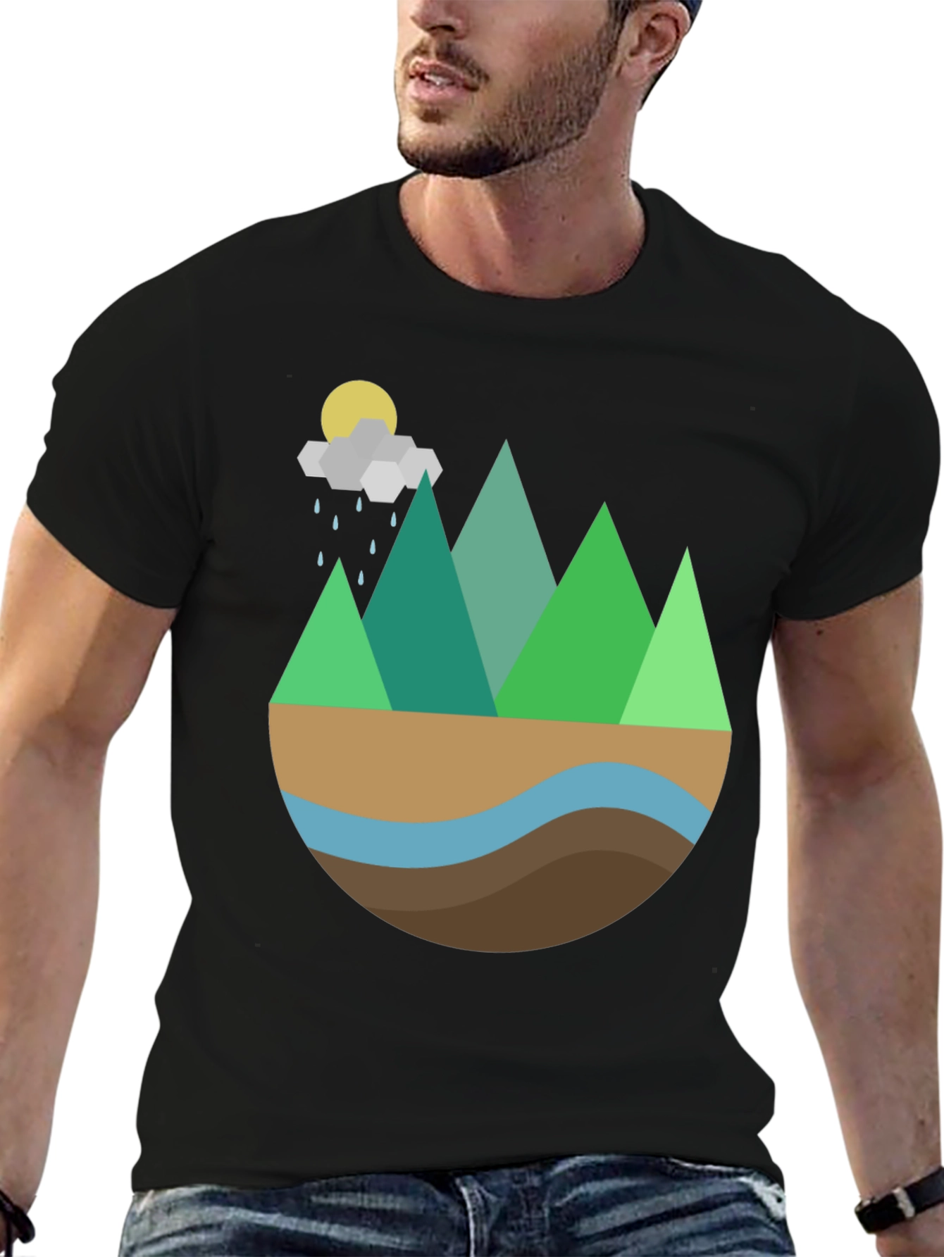Geometric Mountain Scene Graphic Tee - Black