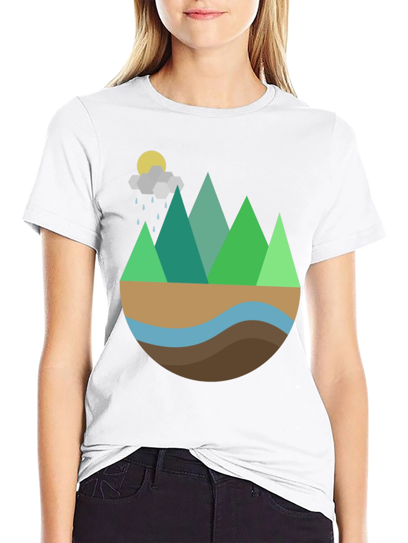 Geometric Mountain Scene Graphic Tee - Black