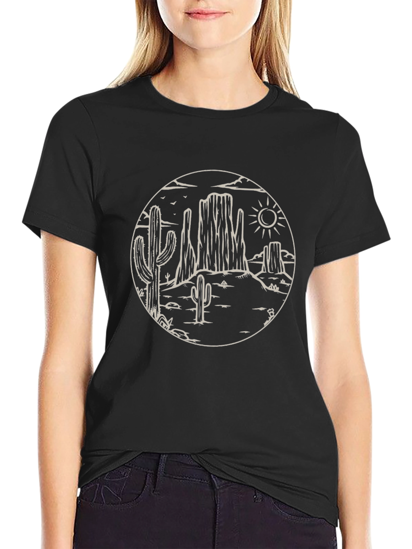 Desert Scene Graphic Tee - Black Cotton Casual Shirt