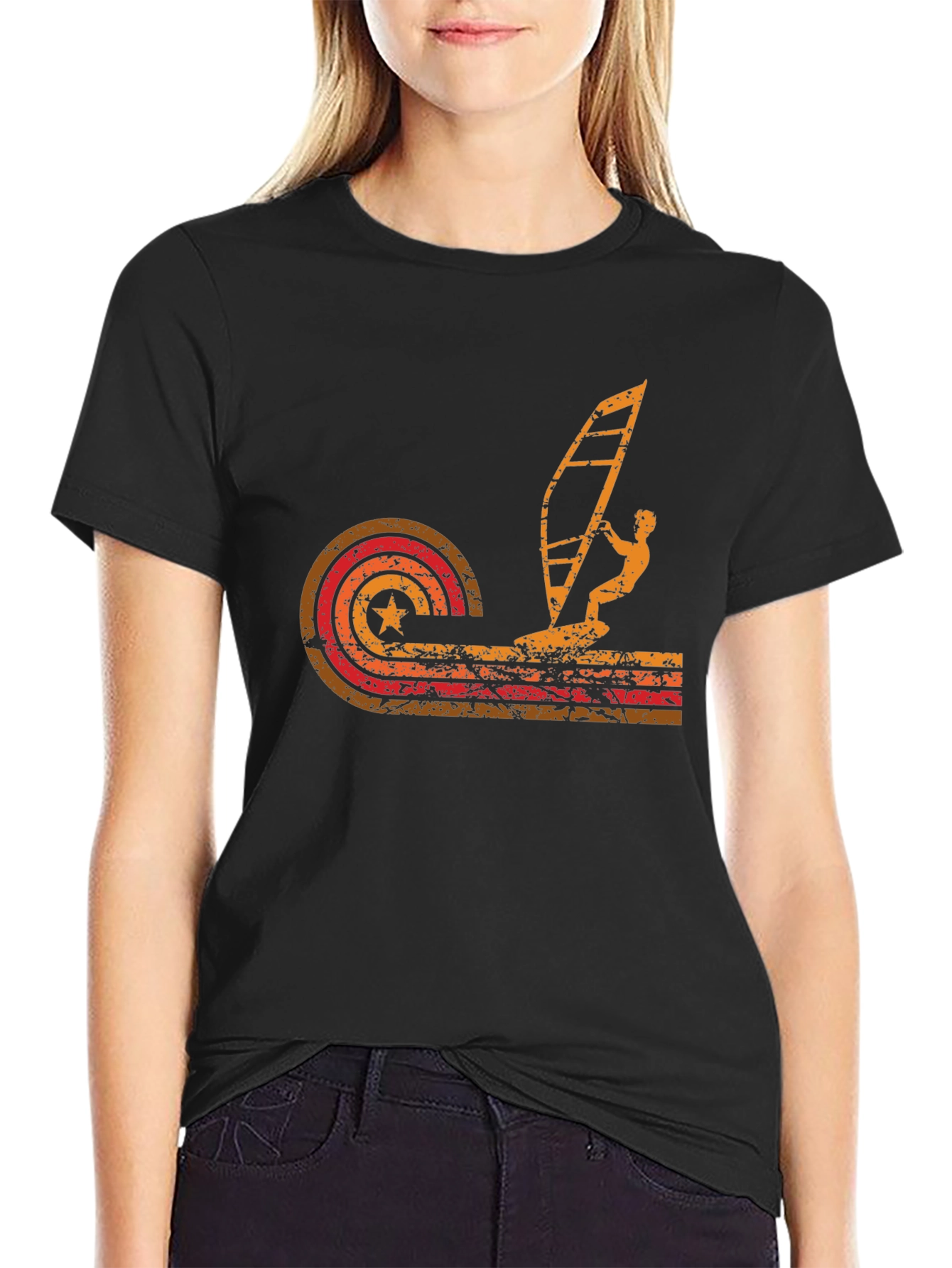 Retro Windsurfing T-Shirt - Black