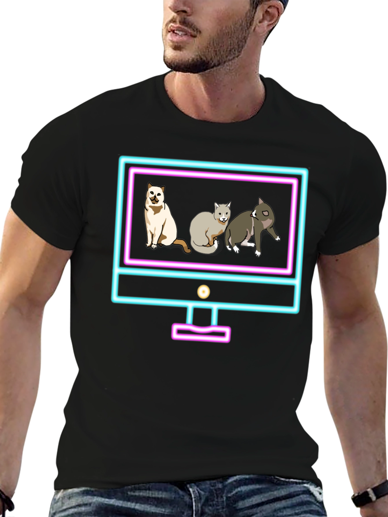 Cats on Neon TV Black T-Shirt