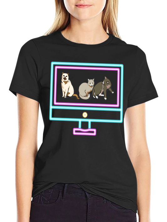 Cats on Neon TV Black T-Shirt