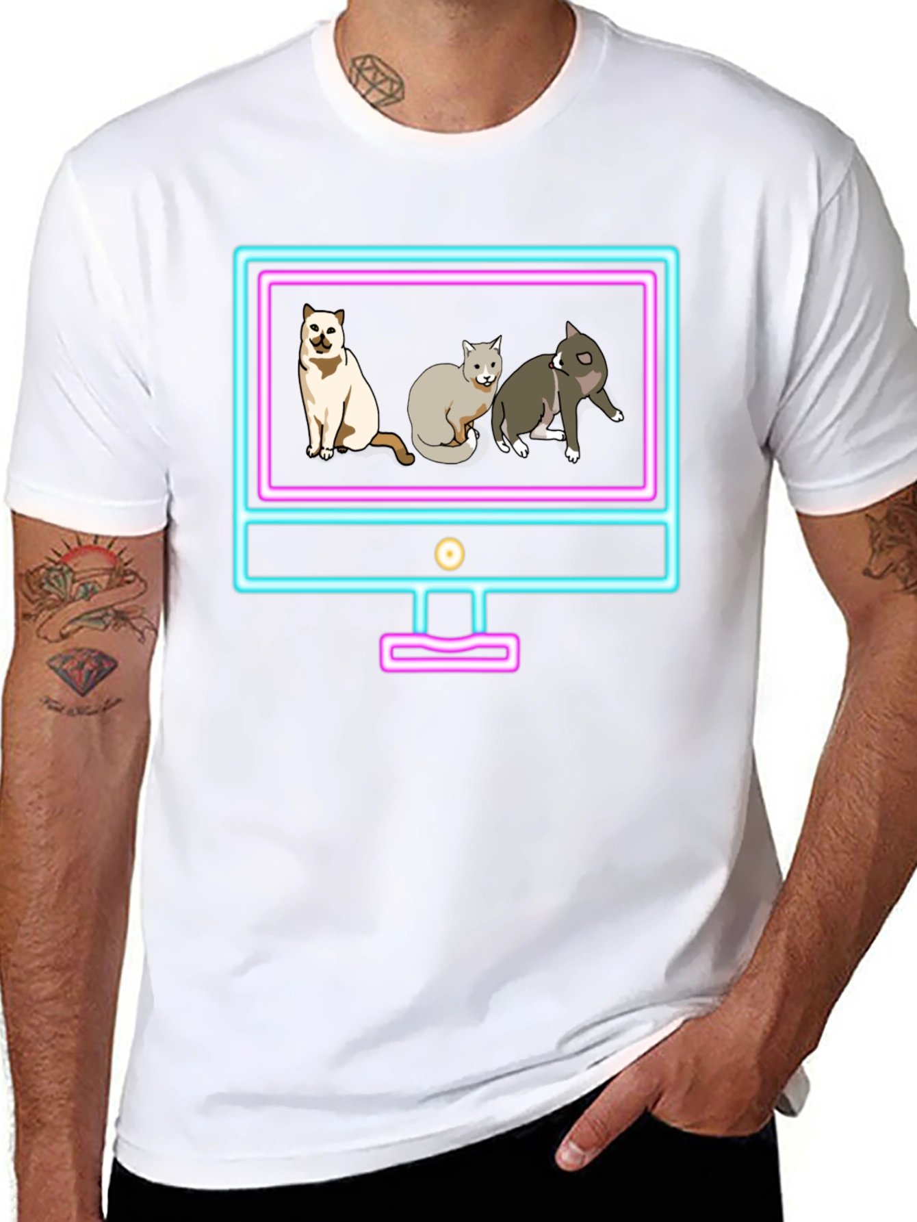 Cats on Neon TV Black T-Shirt