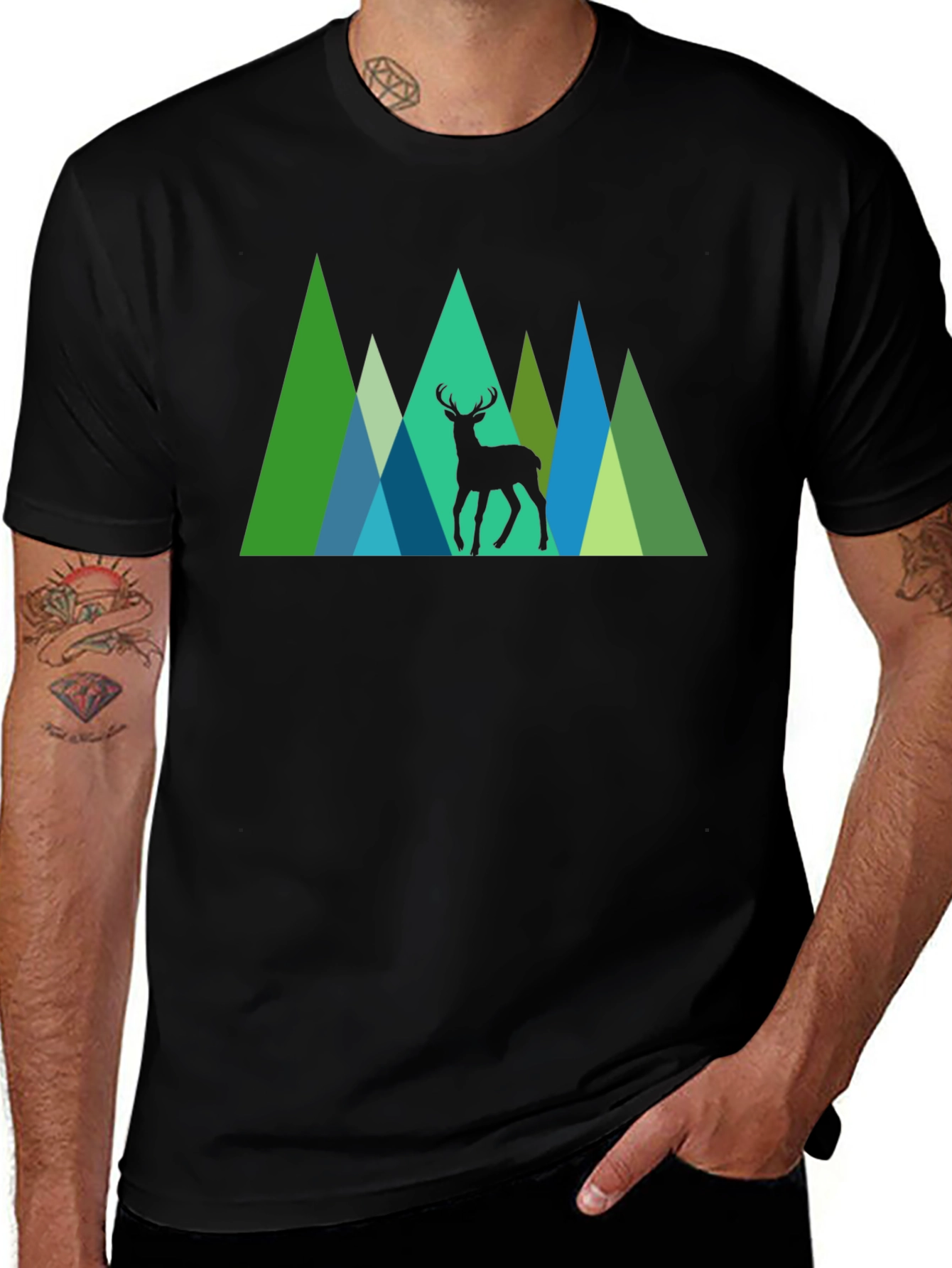 Geometric Deer Graphic Tee - Nature Inspired Black T-Shirt