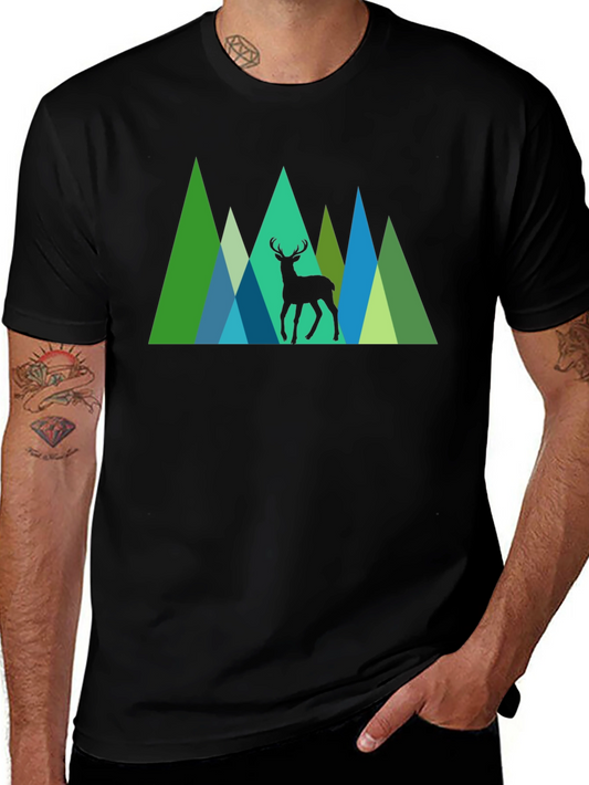Geometric Deer Graphic Tee - Nature Inspired Black T-Shirt