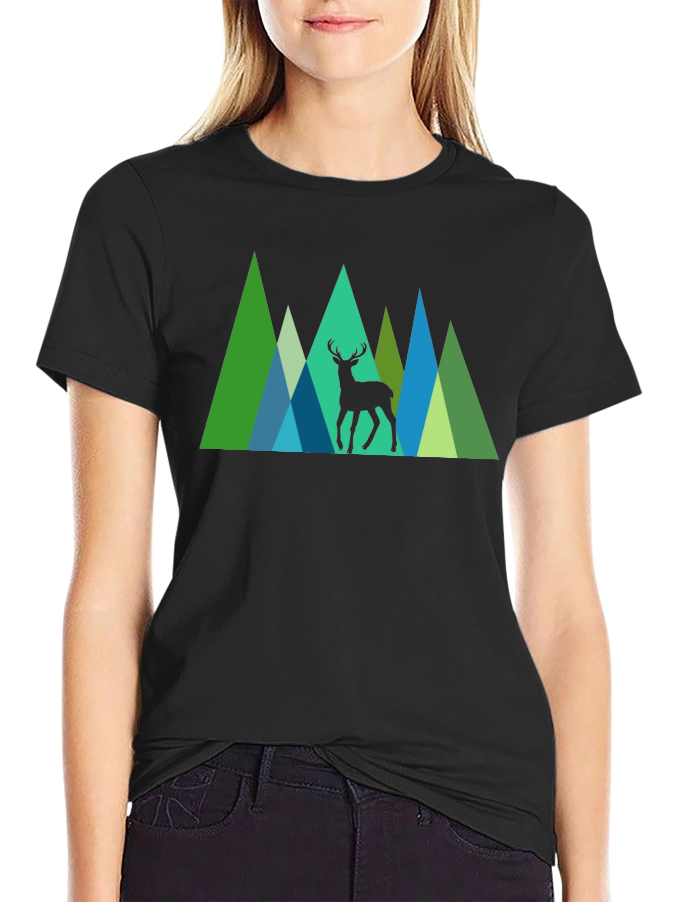 Geometric Deer Graphic Tee - Nature Inspired Black T-Shirt