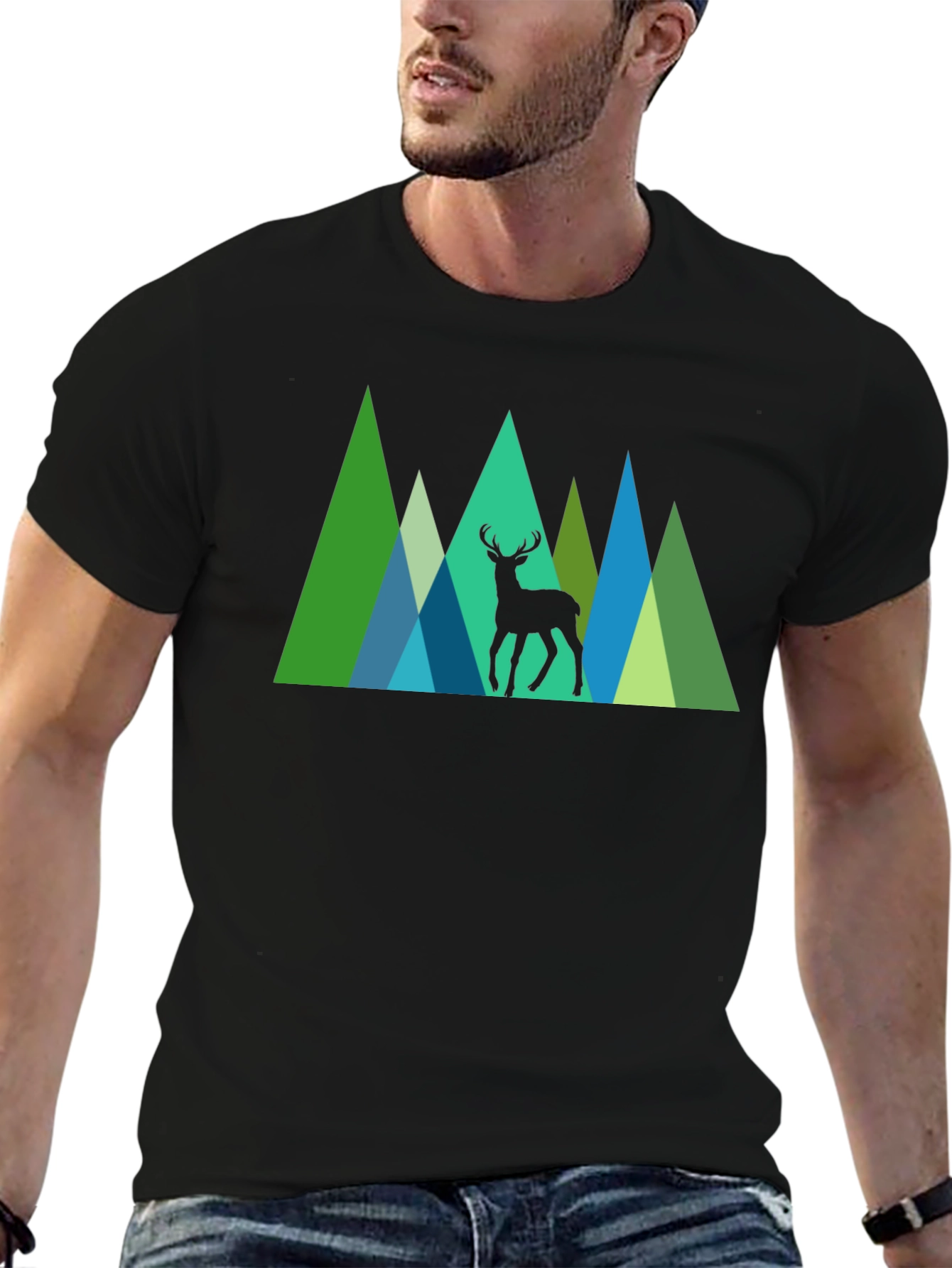 Geometric Deer Graphic Tee - Nature Inspired Black T-Shirt