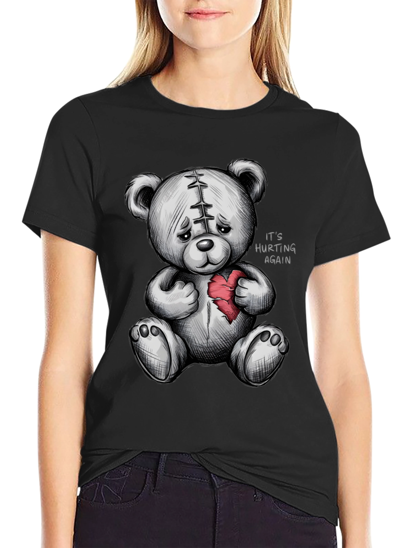 Sad Teddy Bear Broken Heart Graphic T-Shirt