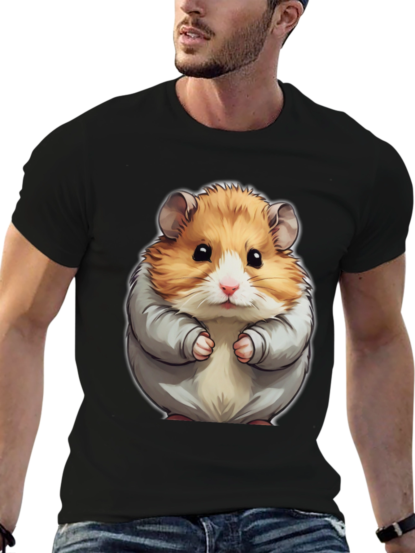 Cute Hamster Graphic Tee - Black Cotton T-Shirt