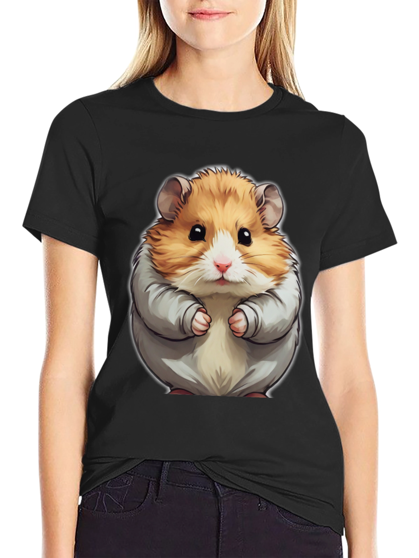Cute Hamster Graphic Tee - Black Cotton T-Shirt