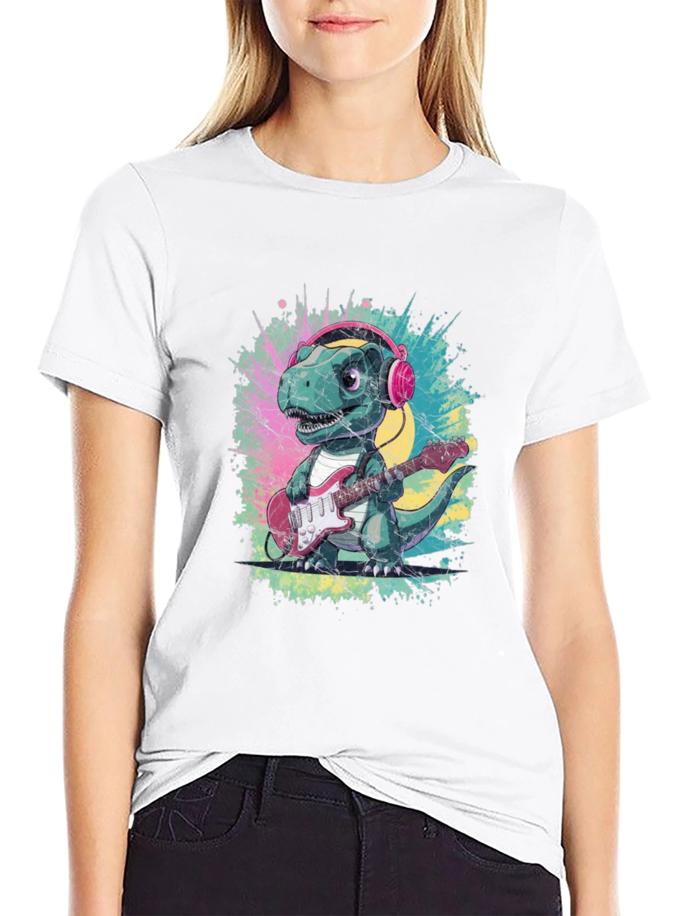 Dino Rock T-Shirt: Guitar Playing Dinosaur with Headphones