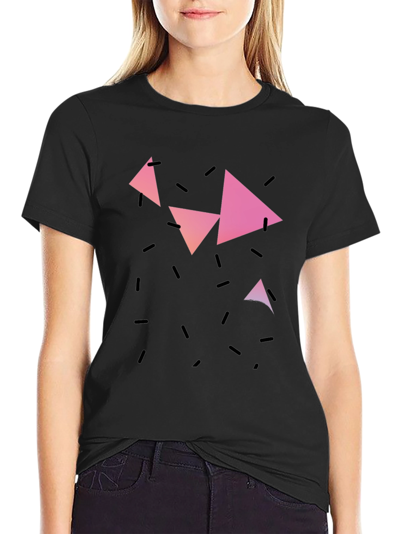 Geometric Triangle Print Black Casual T-Shirt