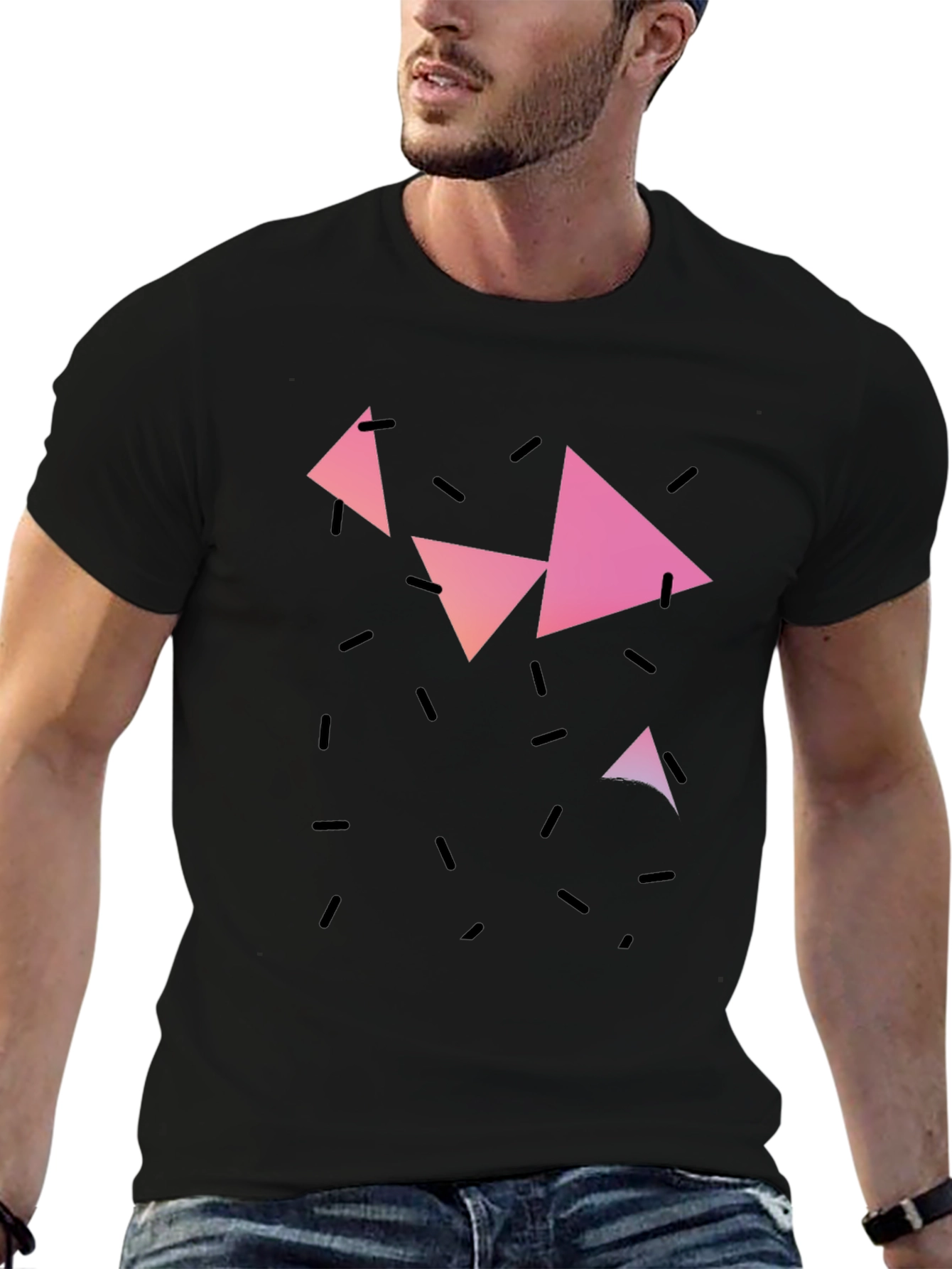 Geometric Triangle Print Black Casual T-Shirt