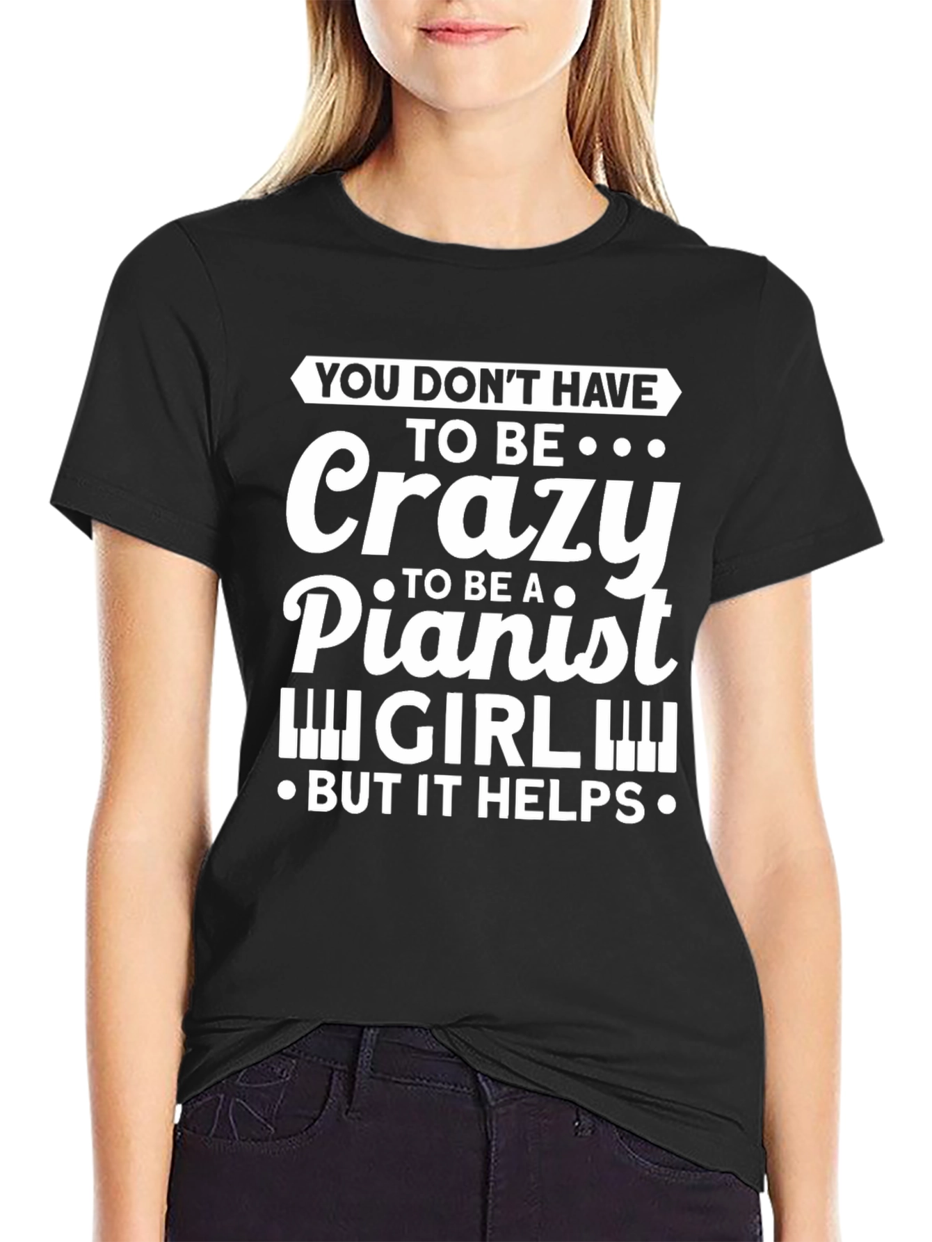 Crazy Pianist Girl Black T-Shirt