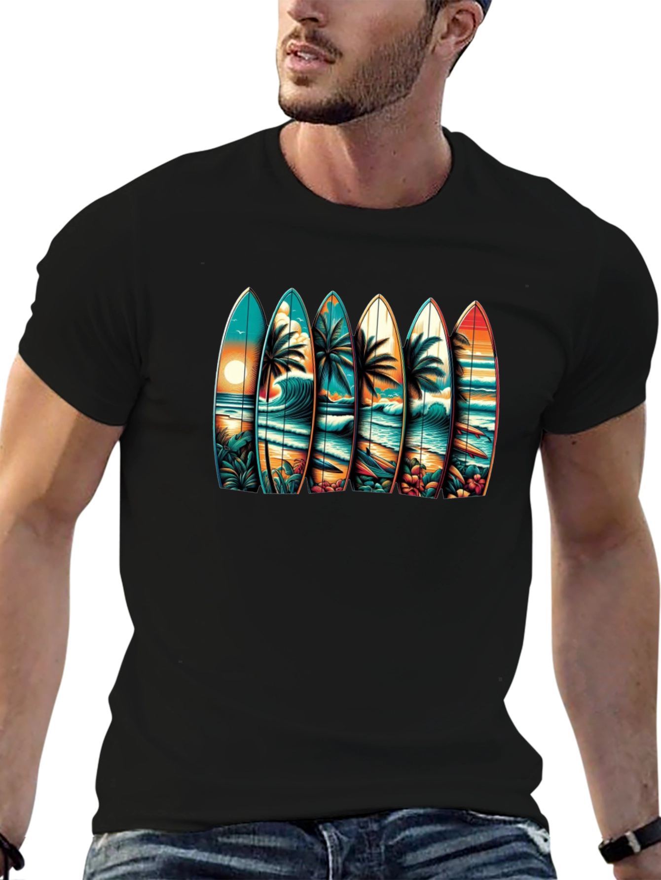 Surfboard Beach Scene Graphic Tee