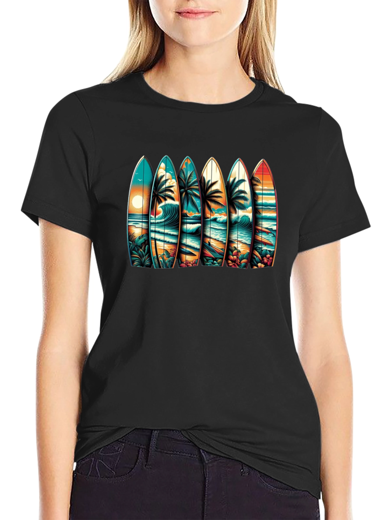 Surfboard Beach Scene Graphic Tee