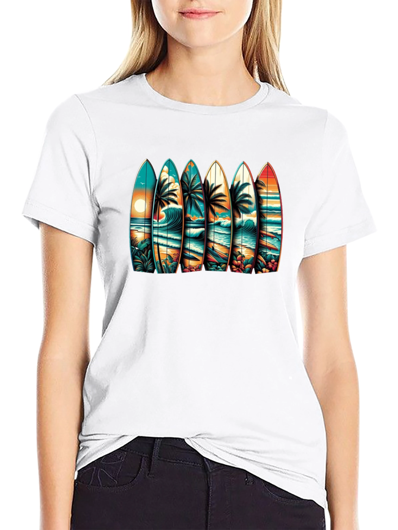 Surfboard Beach Scene Graphic Tee