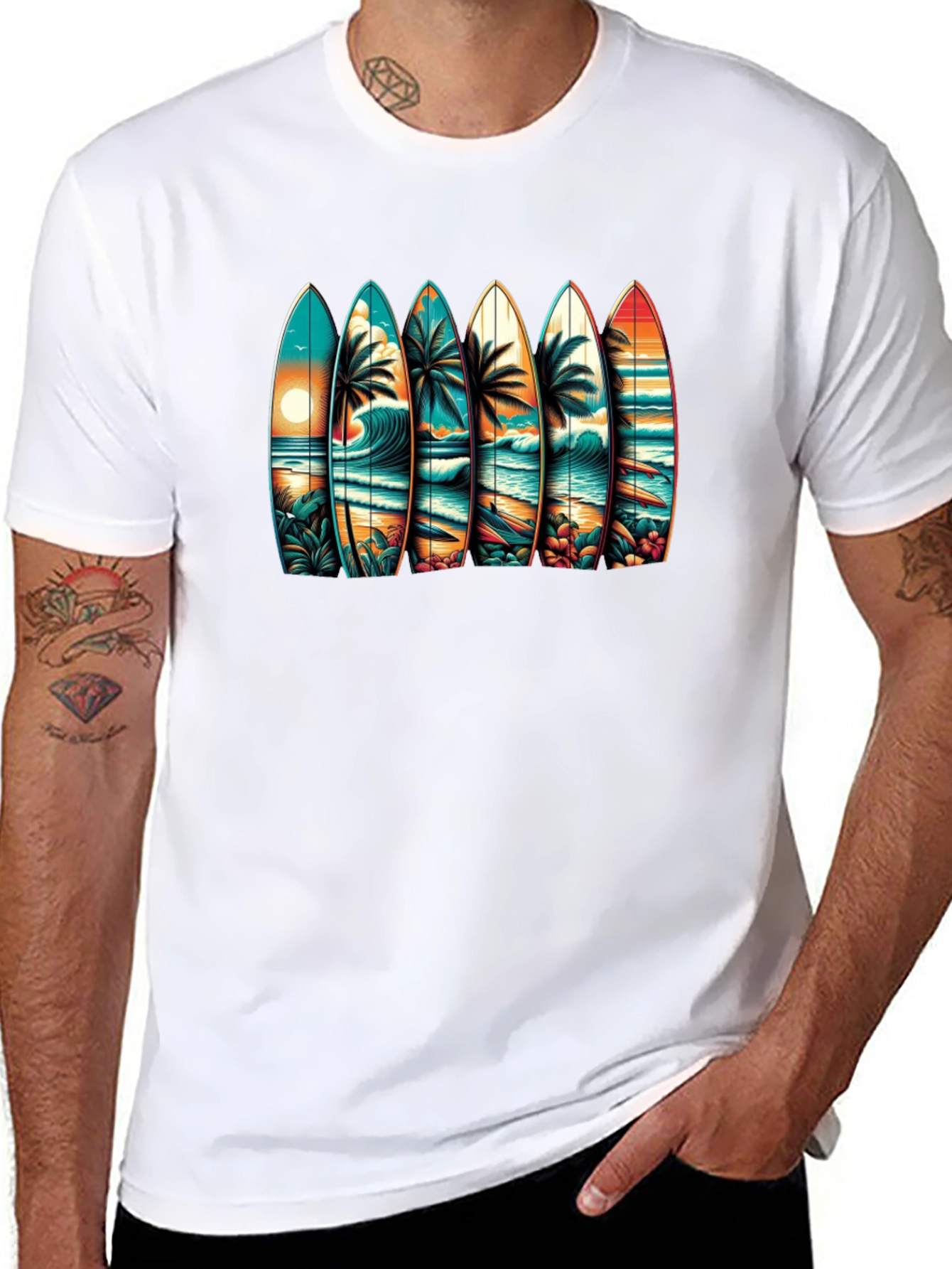 Surfboard Beach Scene Graphic Tee
