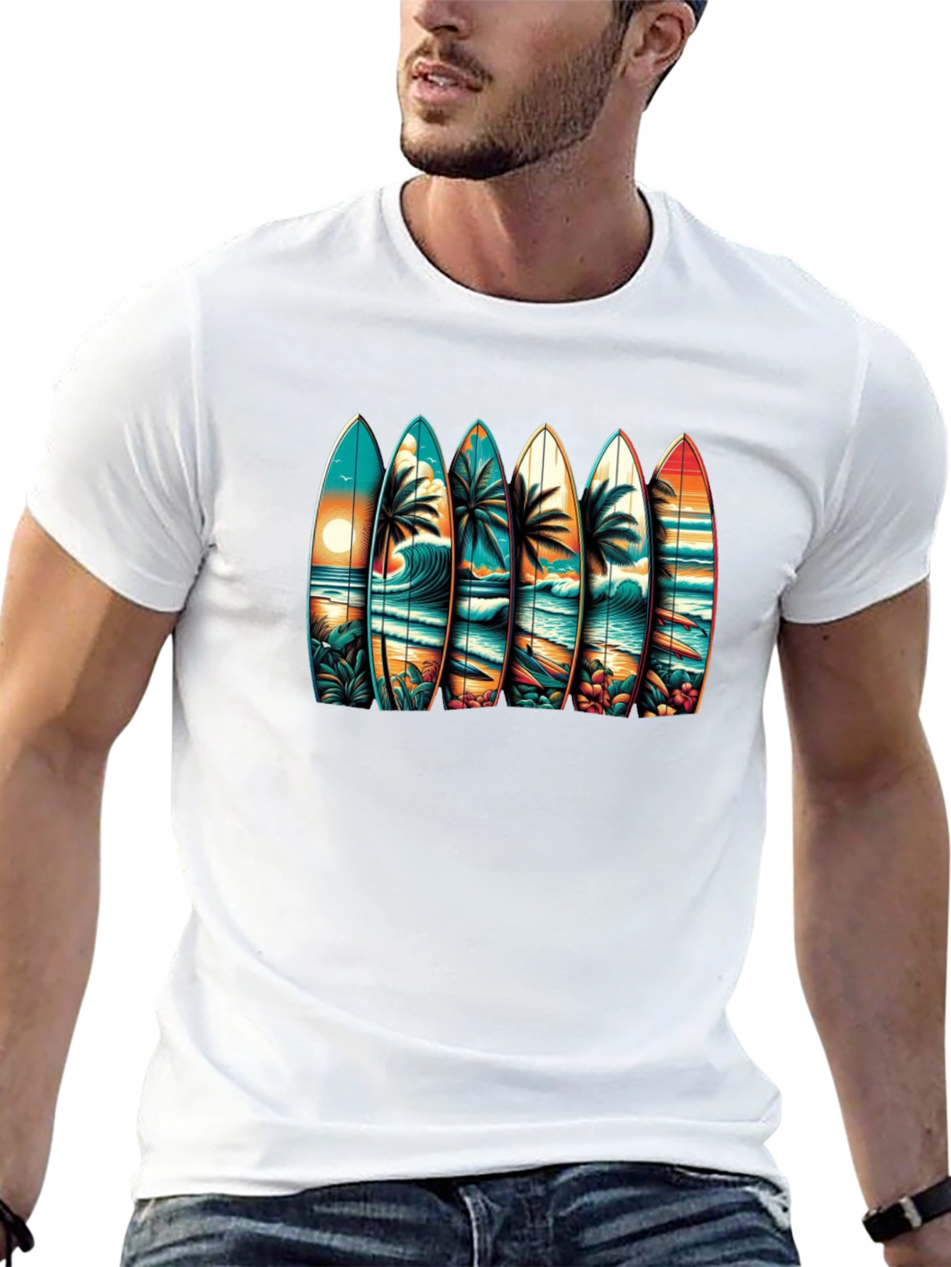 Surfboard Beach Scene Graphic Tee