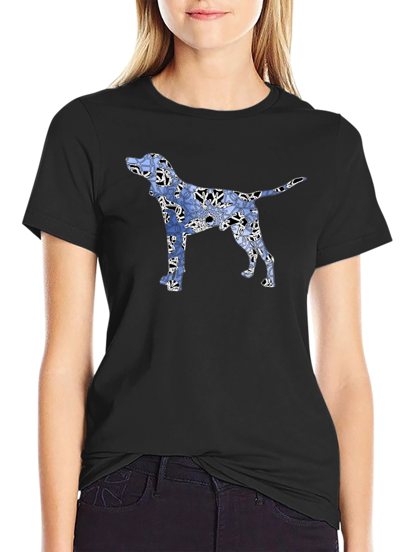 Dog Floral Print Black T-Shirt