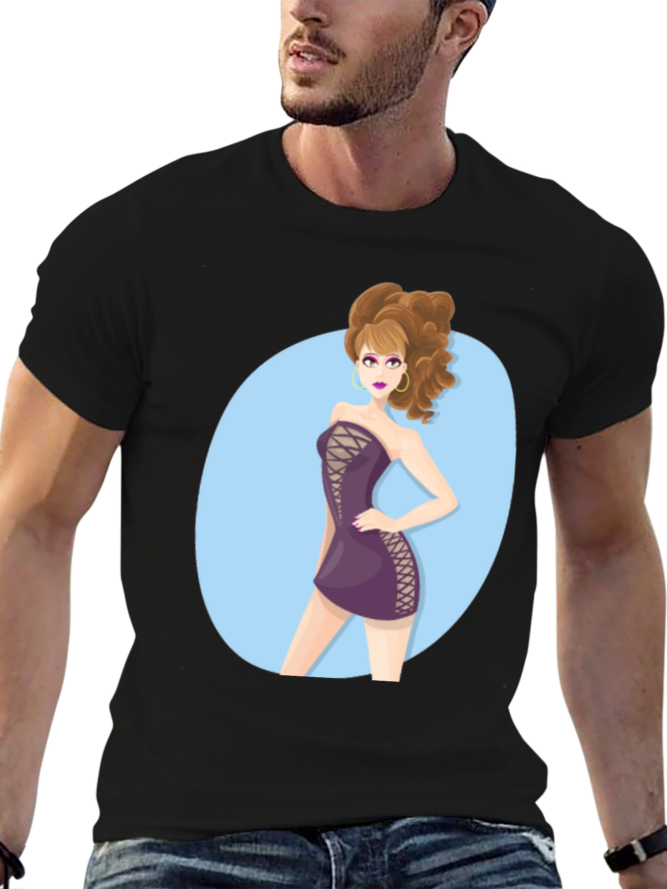 Cartoon Woman Graphic Black Tee Shirt