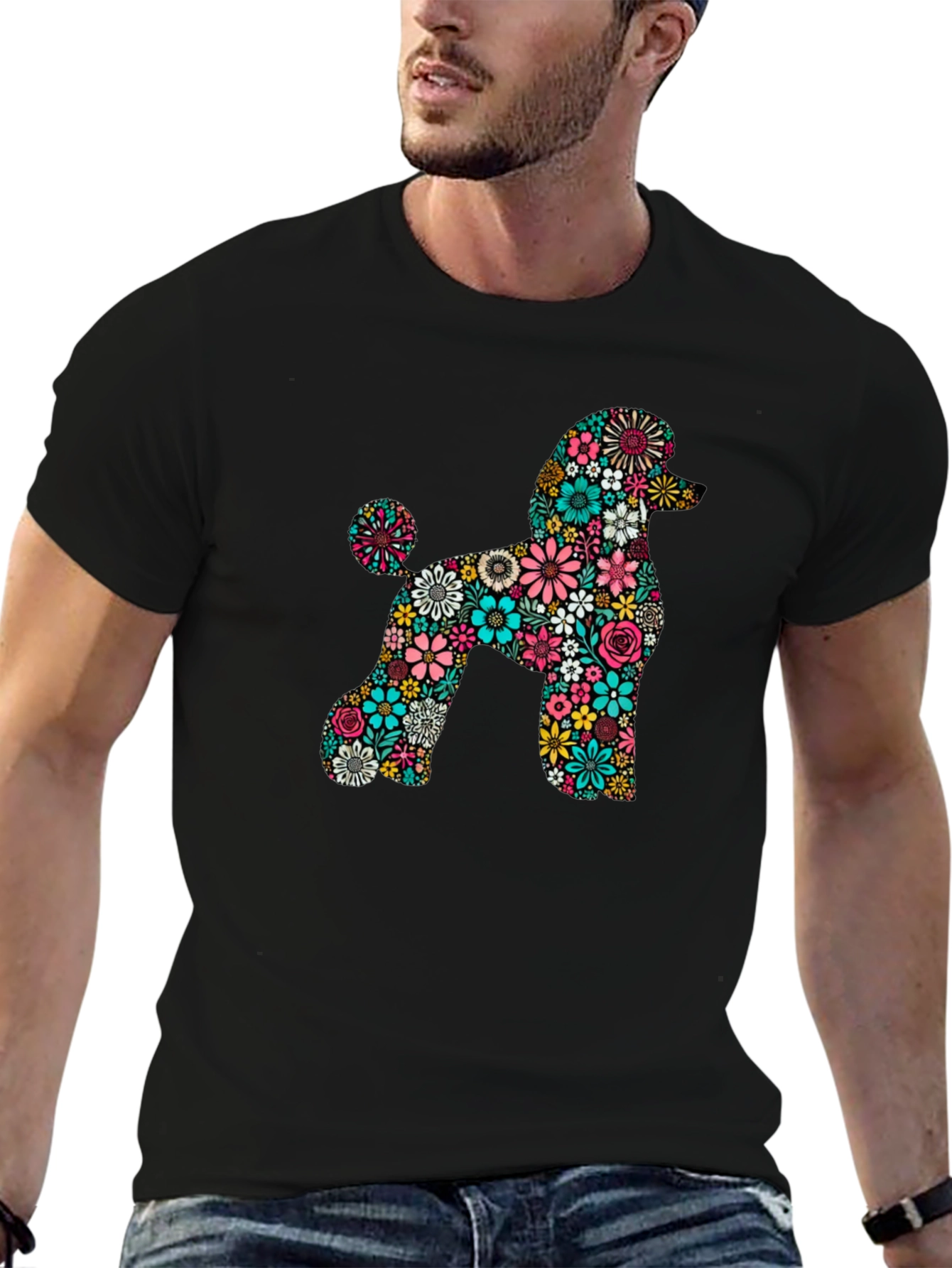 Floral Poodle Black T-Shirt