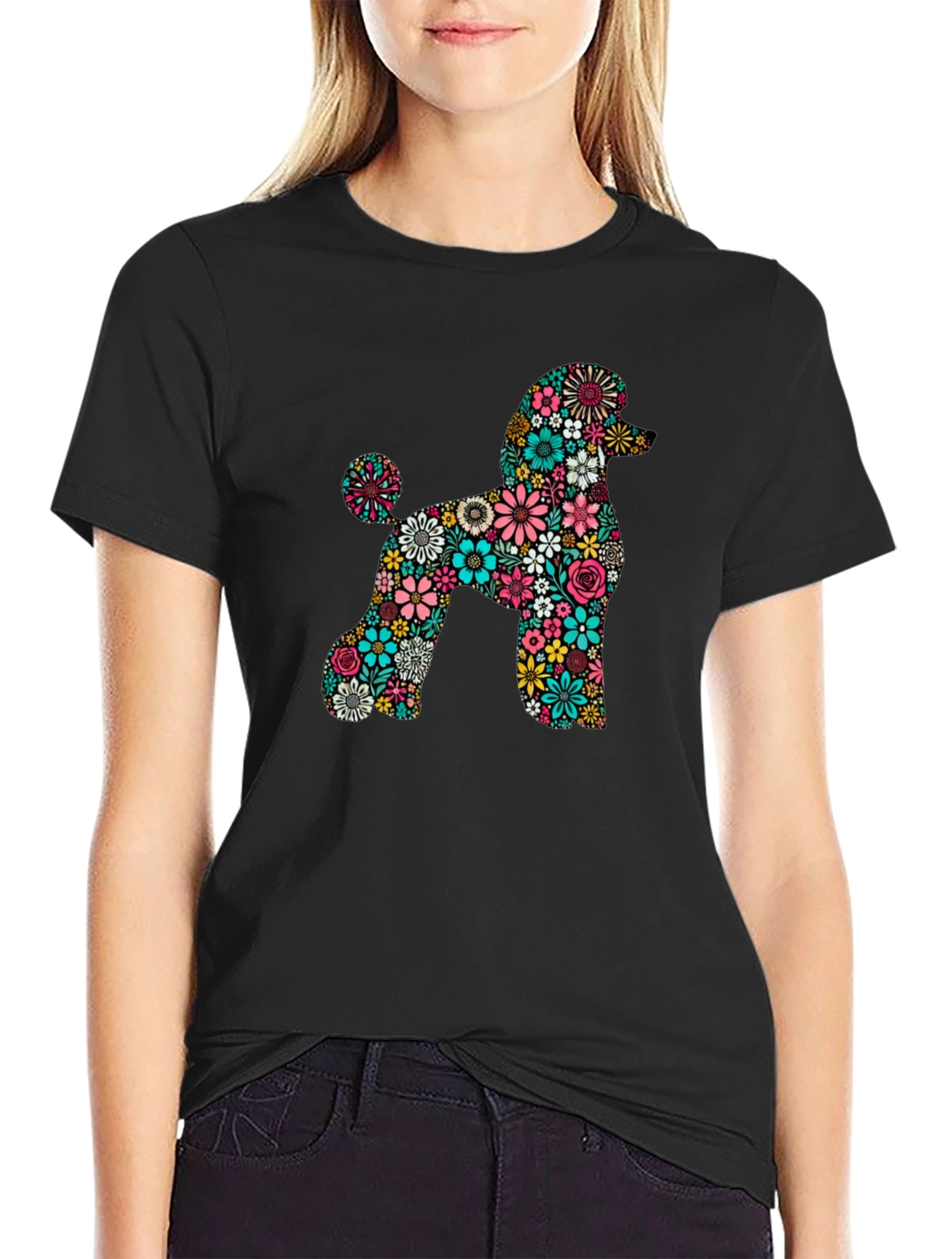Floral Poodle Black T-Shirt
