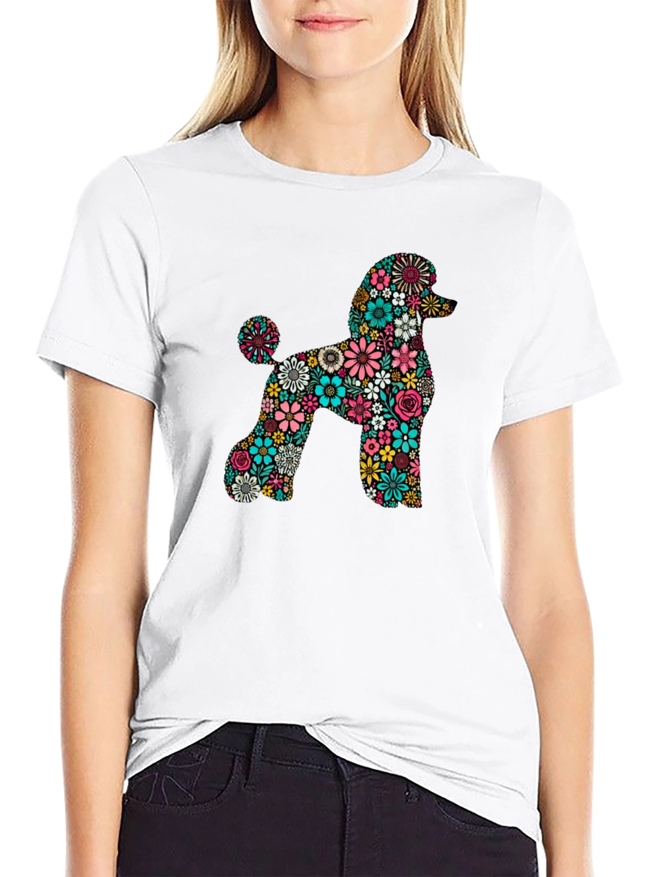 Floral Poodle Black T-Shirt