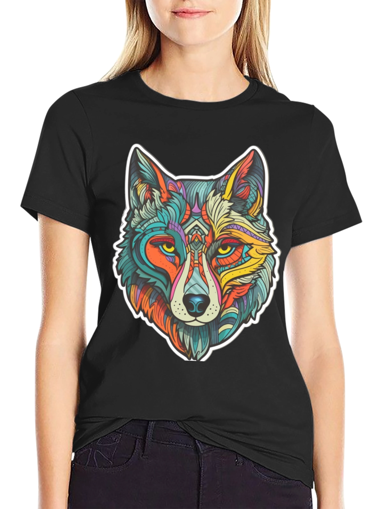 Wolf Art Graphic Print Black T-Shirt