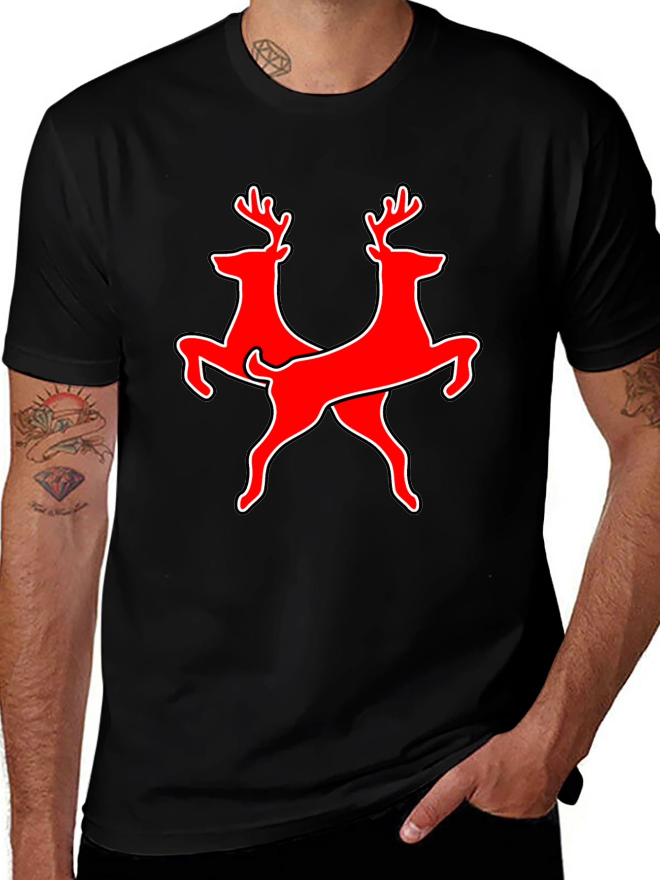 Twin Deer Graphic Tee - Black Cotton T-Shirt